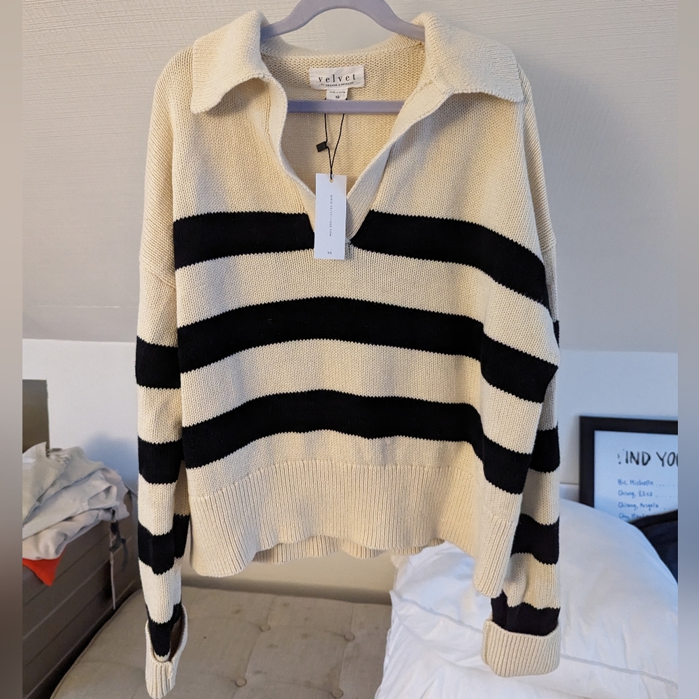 NWT Velvet by Graham & Spencer, Lucie Striped Polo Sweater, XS